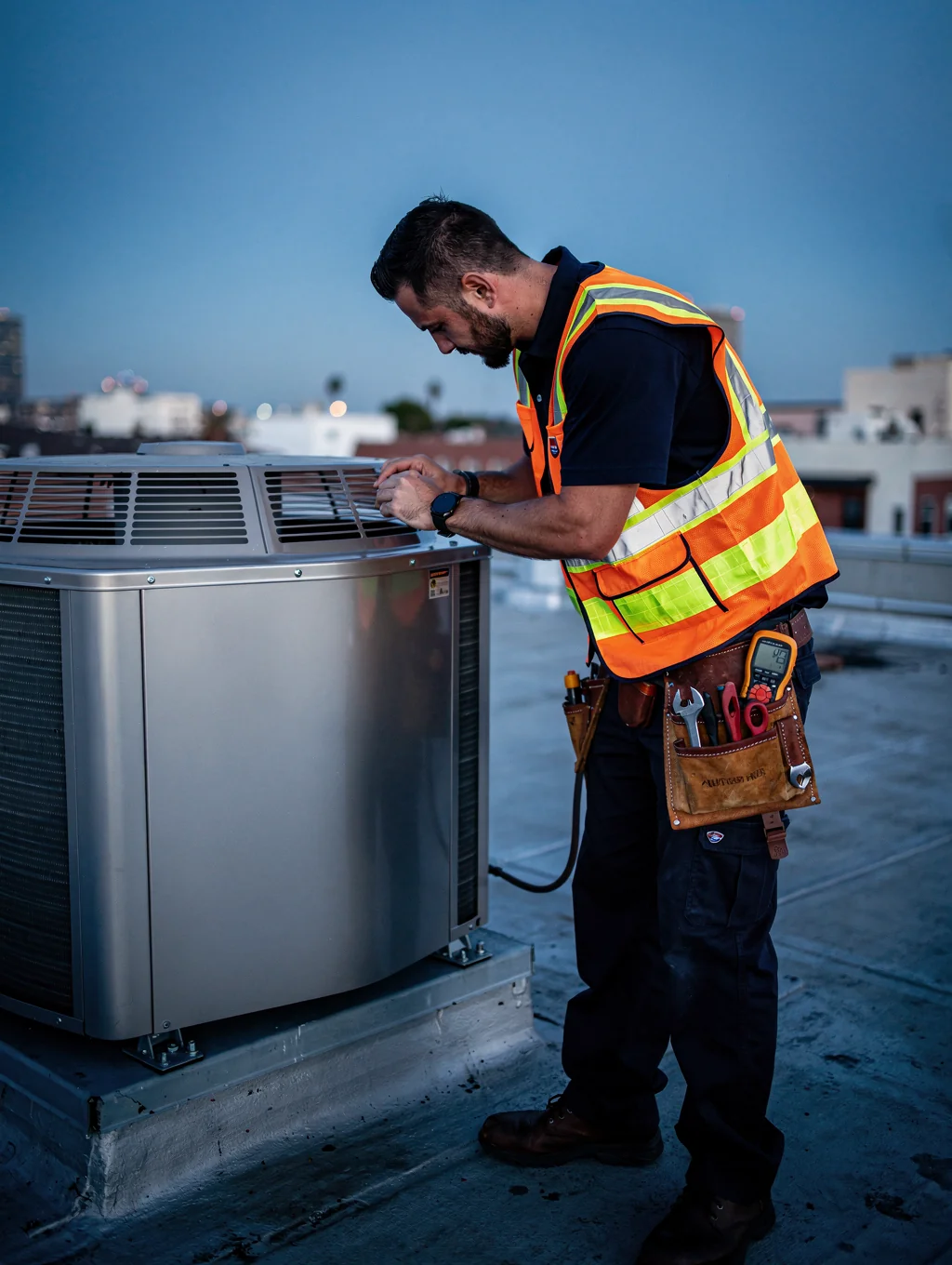 Professional HVAC technician inspecting a modern air conditioning unit