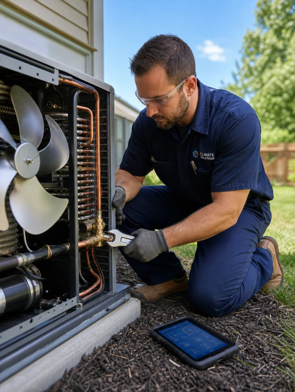 HVAC technician inspecting a modern condenser unit with professional diagnostic tools